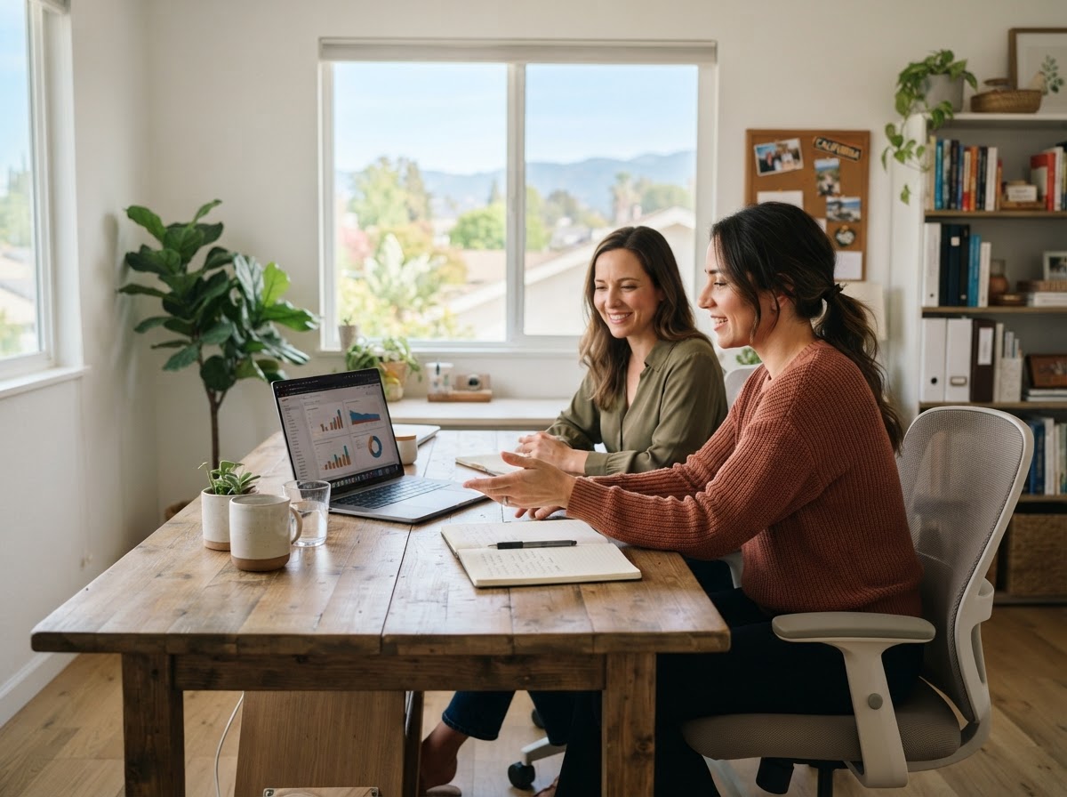 Home Biz Mom team reviewing AI trading strategy performance data